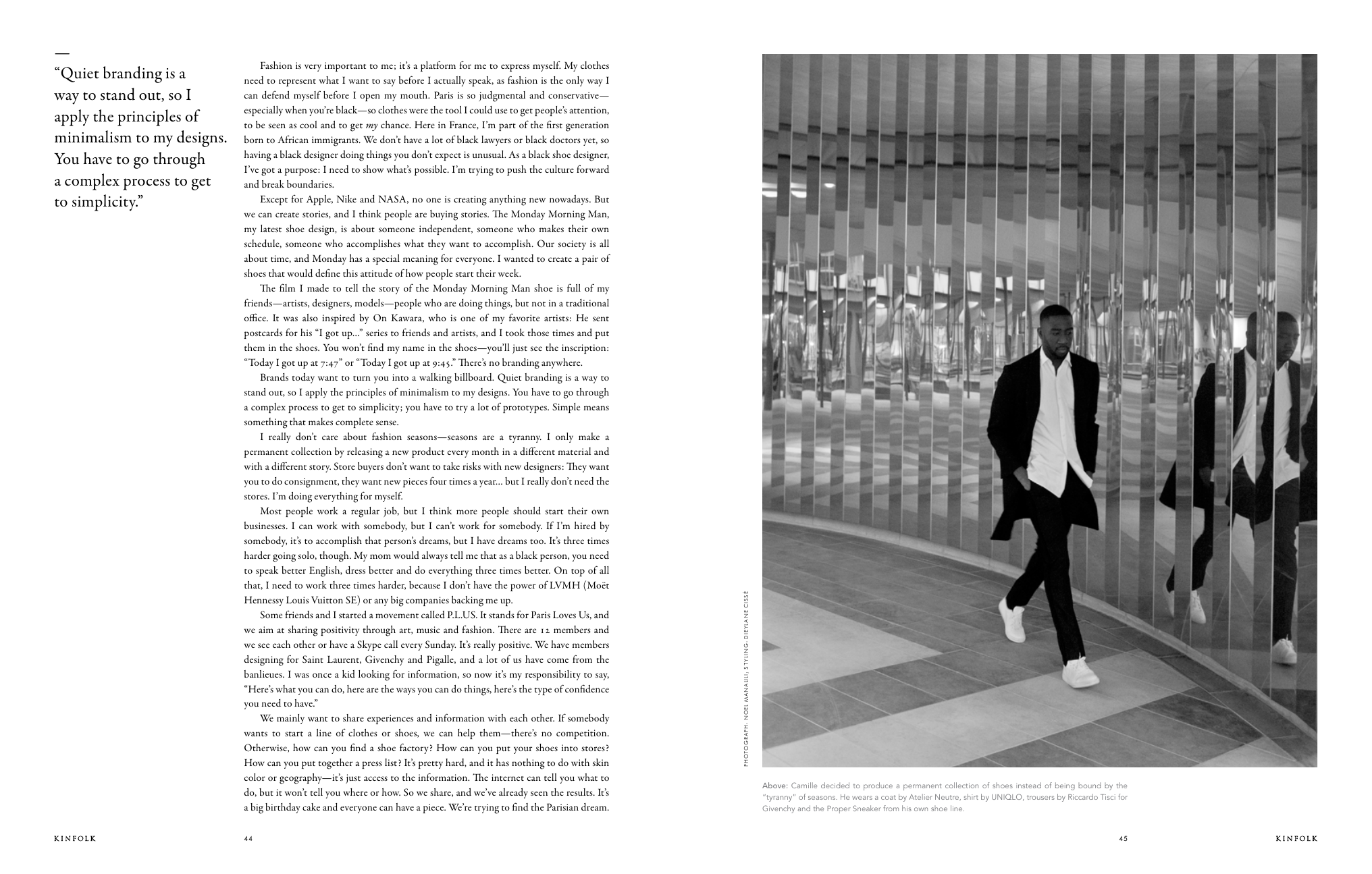 Original interview spread with a black-and-white portrait of Camille Tanoh wearing The Proper Sneaker.