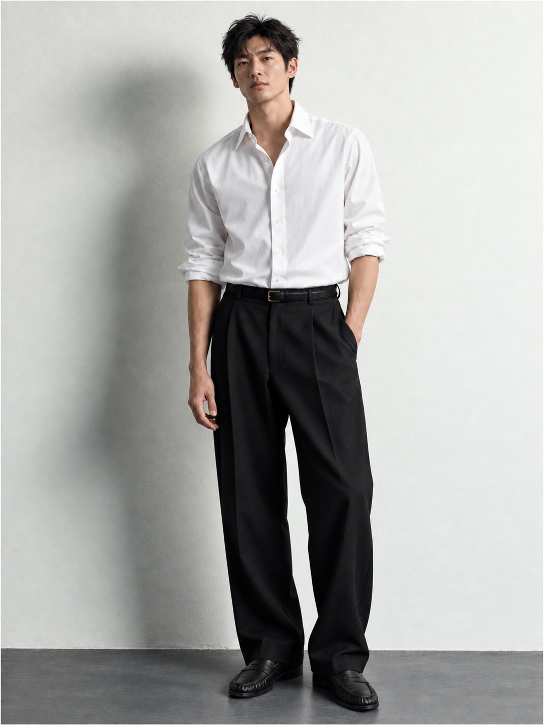 Full-length Maison 01 silhouette in a white shirt, black pleated trousers and black leather moccasins.