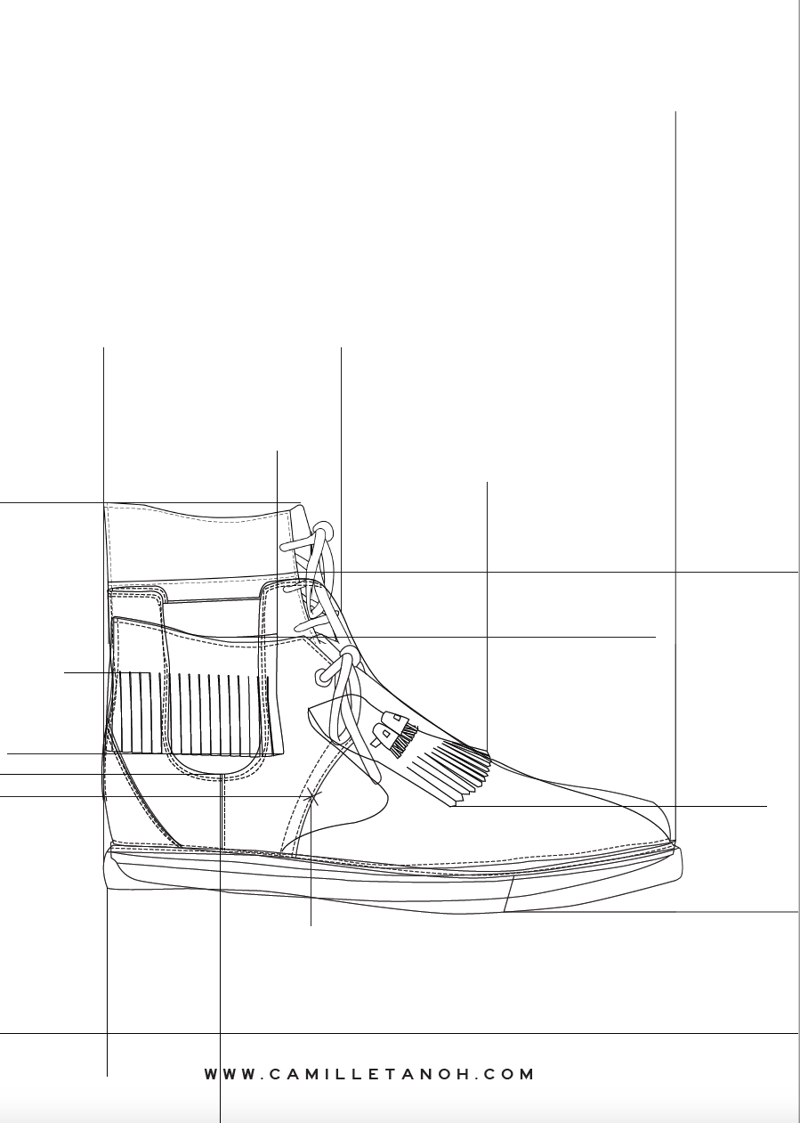 Original line drawing of a lace-up ankle boot with fringe details.