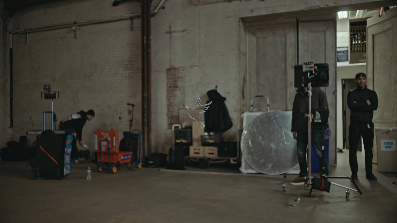 A film frame showing the crew and equipment inside the New York studio.