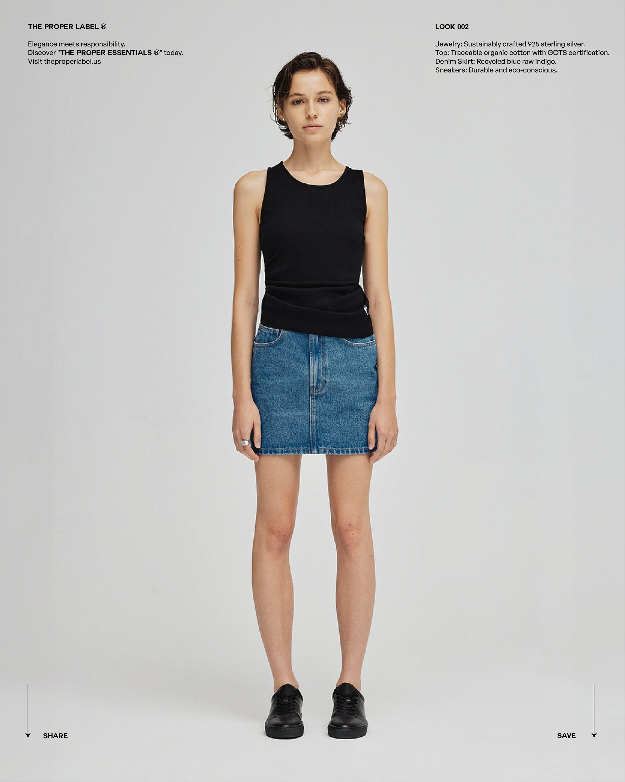 Lookbook plate with a black tank top, denim skirt and black shoes.