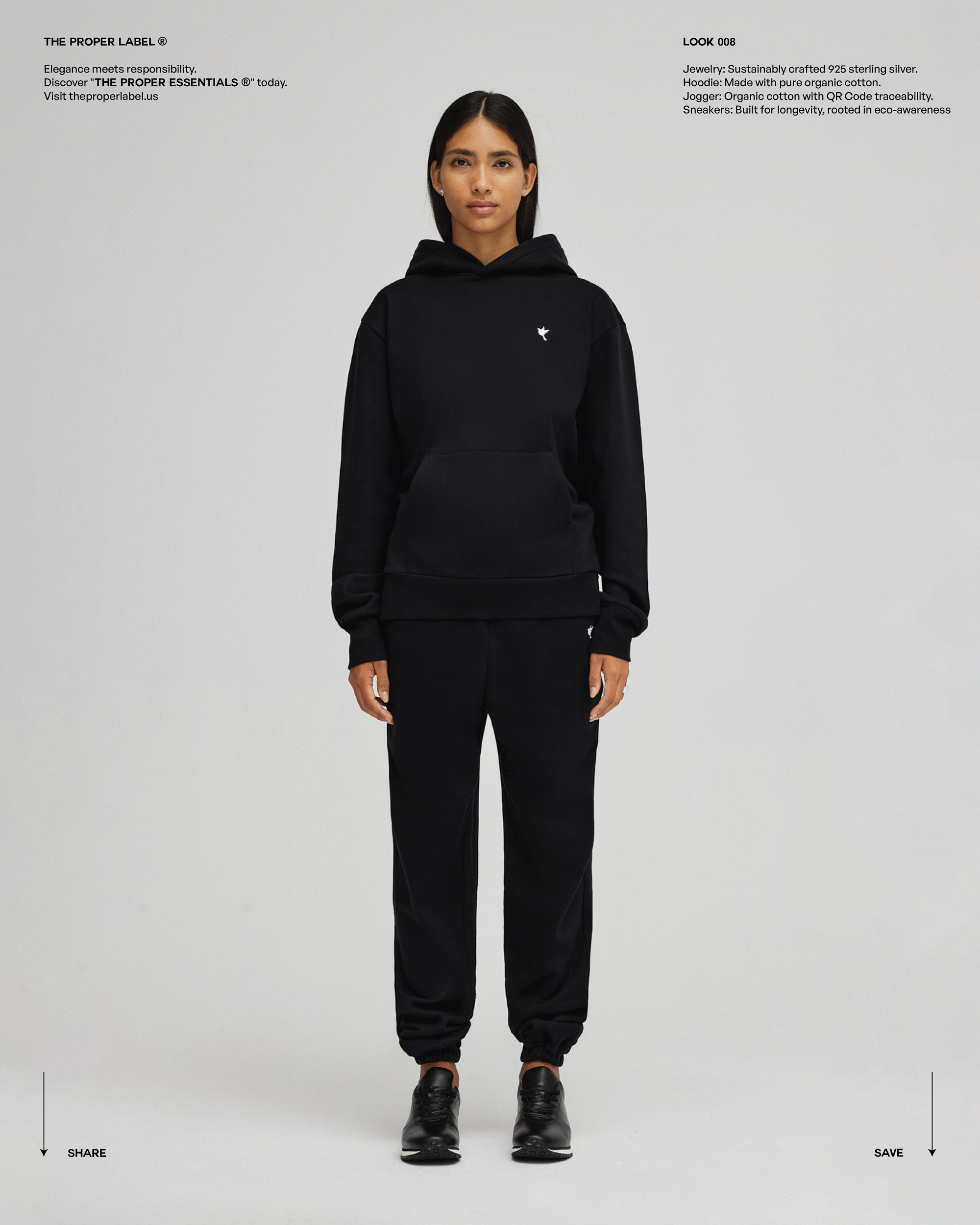 Lookbook plate featuring a black hoodie and matching trousers.